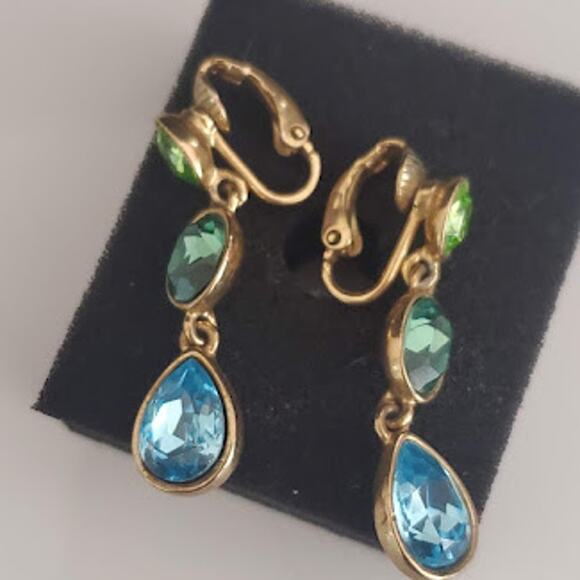 VTG Givenchy Clip On Earrings Blue and Green Crystals Gold Plated 80's Signed - Picture 2 of 5